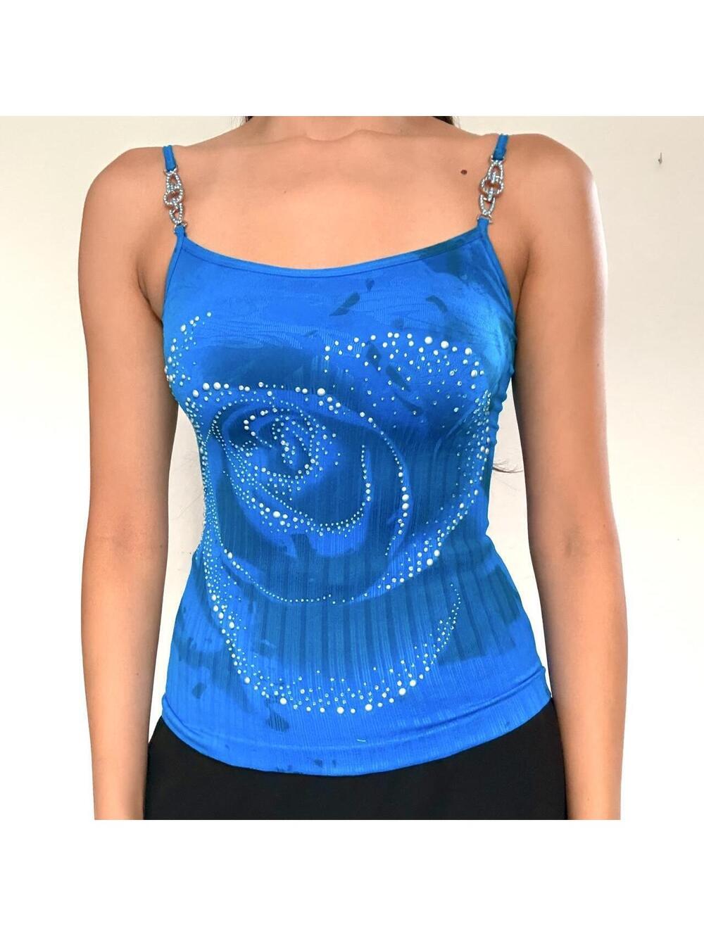 Deadstock Y2K blue rhinestone rose tank top